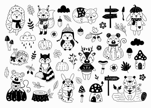 Black and white autumn clipart in cartoon flat style. Woodland animals clipart, fall plants and leaves, mushrooms for baby shower, nursery prints and decor. Vector illustration