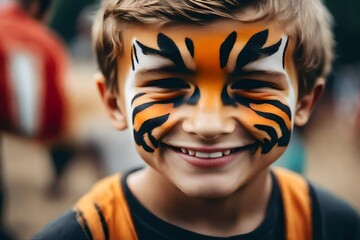 a cute little boy wearing tiger face paint at a county fair. - obrazy, fototapety, plakaty