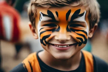 Deurstickers a cute little boy wearing tiger face paint at a county fair. © freelanceartist