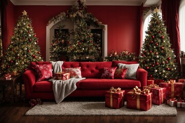 With a lovely crimson sofa, a plush armchair, and a Christmas tree decorated with a variety of elegantly wrapped presents, you can transform your living room into a holiday paradise.