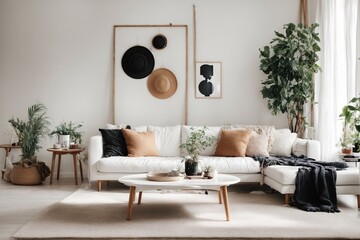 In front of a white wall with an art poster is a white sofa and a black coffee table.   modern living room interior design in a home