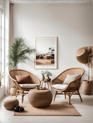 White wall with a blank mockup poster frame is next to a wicker chair and floor vases.  modern living room design interior