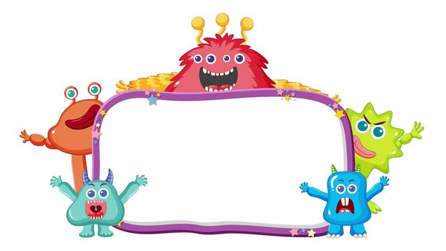Cute alien monster friends cartoon character at black border frame isolated.