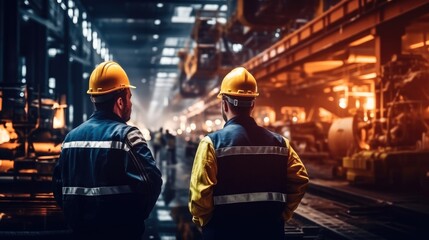 Professional heavy industry worker in a protective uniform and hard hat working at large industrial plant.