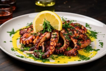 Fototapeta premium Grilled octopus with lemon and parsley on a white plate, Appetizing dish with grilled octopus and lemon, AI Generated