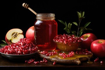 Honey in a glass jar, apples and pomegranate on a black background, Apples pomegranate and honey for Rosh Hashanah, AI Generated
