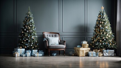 Near a chair and a dusty blue textured wall is a Christmas tree with gifts. living room is empty. a...