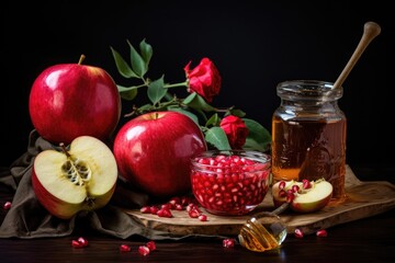 Rosh hashanah jewish New Year holiday concept. Traditional symbols. Apples pomegranate and honey for Rosh Hashanah, AI Generated