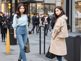 Obraz premium two women walking in the city, outdoors, model, hair, lifestyle, AI Generated