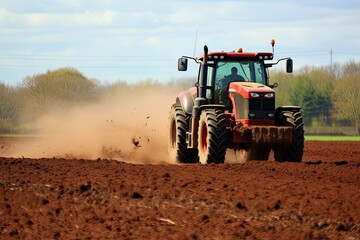 Obraz premium Tractor plowing a field with seedbed cultivator in early spring, Application of manure on arable farmland, AI Generated