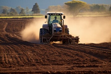 Fototapeta premium Peanut tractor working on the field in the early morning light. Application of manure on arable farmland, AI Generated