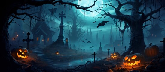 Spooky Halloween landscape with pumpkins - obrazy, fototapety, plakaty