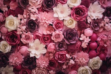 Beautiful flowers background for valentine's day and wedding scene, Artificial Flowers Wall for Background in vintage style, AI Generated