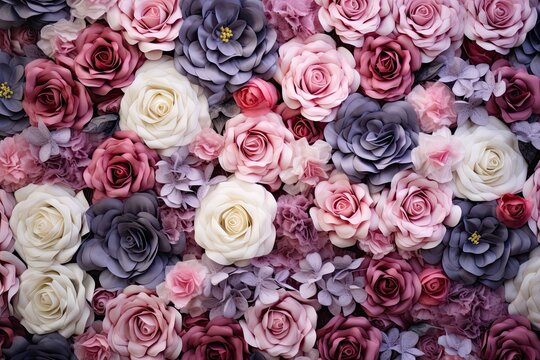 Close up of colorful artificial flowers. Floral background. Top view. Artificial Flowers Wall for Background in vintage style, AI Generated