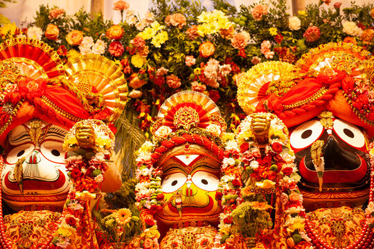 Moscow, Russia, September 7, 2023: Beautiful deities of Lord Jagannath, Balaram and Subhadra Maharani in ISKCON temple in Moscow