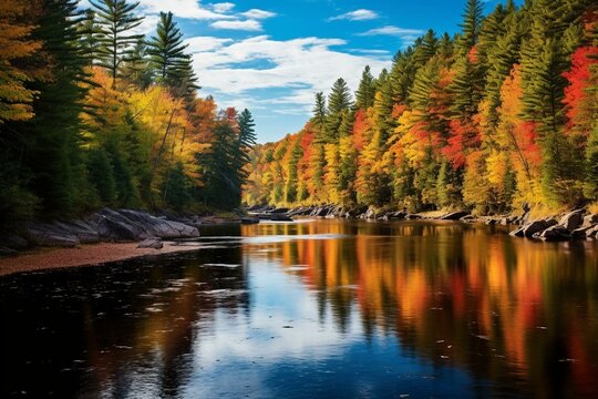 Vibrant trees adorn the Saranac River near Redford in the Adirondacks during autumn. Generative AI