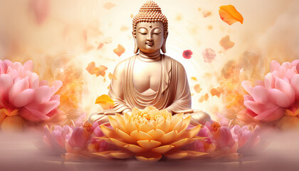 golden glowing buddha and a colorful crystal glowing flowers in the white background - obrazy, fototapety, plakaty