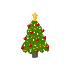 Vector clipart christmas tree in cartoon style. Inscription for postcard, invitation, poster, banner.