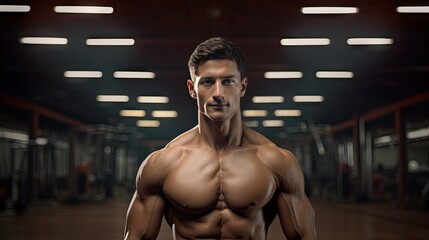 Fototapeta na wymiar Handsome young man with strong fitness Show off your 6-pack abs in the gym.