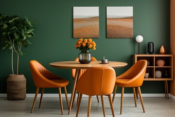 Orange leather chairs, Round dining table, Green wall. Scandinavian, mid-century home interior design in modern living room.