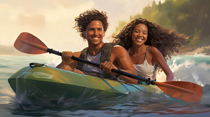 couple kayaking on the river - obrazy, fototapety, plakaty