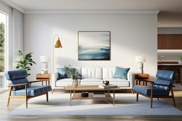 Fototapeta premium Mid-century style interior design, White sofa, Blue leather chairs, Wooden coffee table.