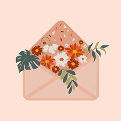 Floral envelope vector illustration. Romantic letter with flowers inside. Beautiful botanic greeting card. Decorative isolated blooming bouquet for women day. 
