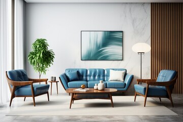 Mid-century style interior design, White sofa, Blue leather chairs, Wooden coffee table, painting