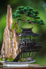 An artificial bonsai tree with a pavilion and handmade volcanic rocks is beautifully decorated like the real thing.