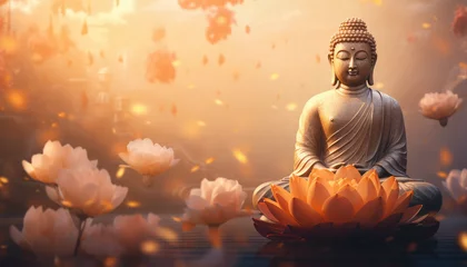Foto op Aluminium golden glowing buddha and a colorful crystal glowing flowers in the white background © Kien