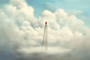 A Man on a ladder in the clouds looks up at the sky, Generative AI