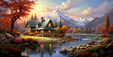 cottage at the lake mountains daytime autumn, autumn in the mountains. Generative Ai content - obrazy, fototapety, plakaty