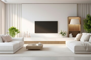 Fototapeta premium White sofa, TV unit. Minimalist luxury interior design of modern living room.