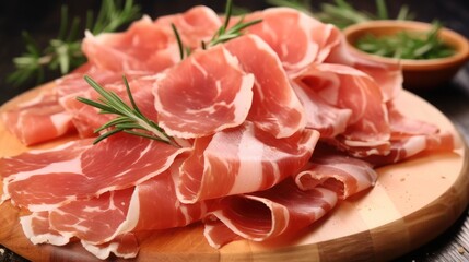 Slices of tasty cured ham and rosemary on table.