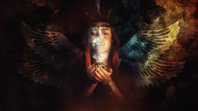 shaman woman holding incense, incense in a woman hand.
