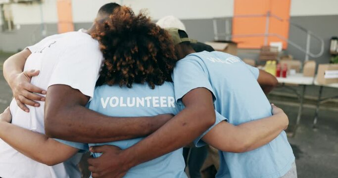 Happy people, volunteer and teamwork in charity, NGO or non profit organization in community service together. Group of volunteering workers in team sequence, process or success in unity and support