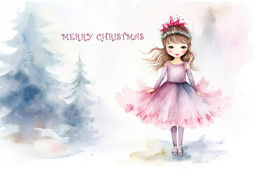 Fototapeta premium A painting of a little girl dressed as a ballerina with bird. Winter concept