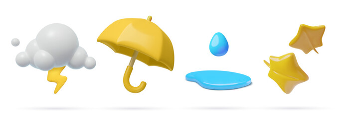 Thunder cloud, yellow umbrella, rain puddle and autumn leaves 3d icons collection. Glossy plastic three dimensional vector rain season design elements set on white background.