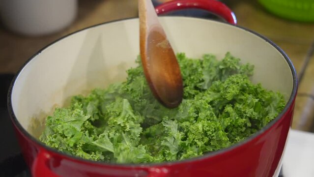 Stirring fresh kale into soup broth - slow motion