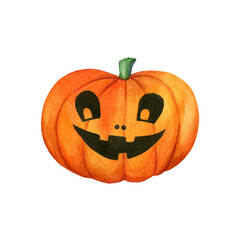 Hand drawn watercolor cute and scary Halloween pumpkin. Isolated on white background