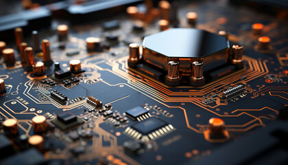 Computer processor and motherboard. Technological scheme in black and gold tones. Futuristic network background.