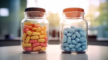 Two prescription pill bottles with various pills on the table.