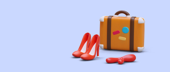 3D travel suitcase, women shoes, rabbit vibrator. Traveling alone. Carry on luggage. Getting sex toys through airport security. Transportation of gadgets with batteries. Color concept