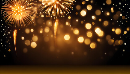 Obraz premium Fireworks on abstract gold bokeh background. Christmas eve, new year, holiday concept.