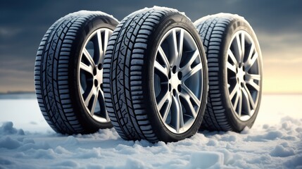 Wheels with winter tires on snow ready all difficult weather conditions.