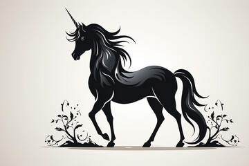 Unicorn in dark colors with an ornament like for a tattoo on a light background.