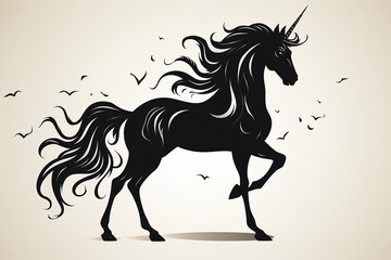 Unicorn in dark colors with an ornament like for a tattoo on a light background.