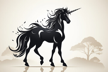 Unicorn in dark colors with an ornament like for a tattoo on a light background.