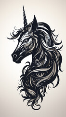 Obraz na płótnie Canvas Unicorn head in dark colors with an ornament like for a tattoo on a light background