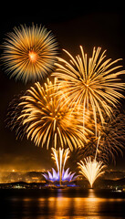 Landscape and colorful fireworks. Christmas eve, new year, holiday concept.